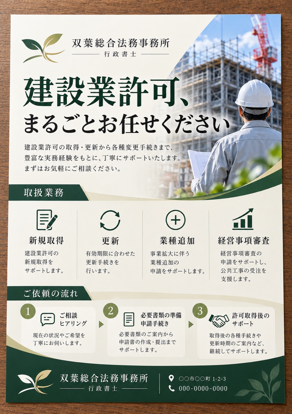 チラシの制作例（架空の事務所）：行政書士　建設業許可のご案内