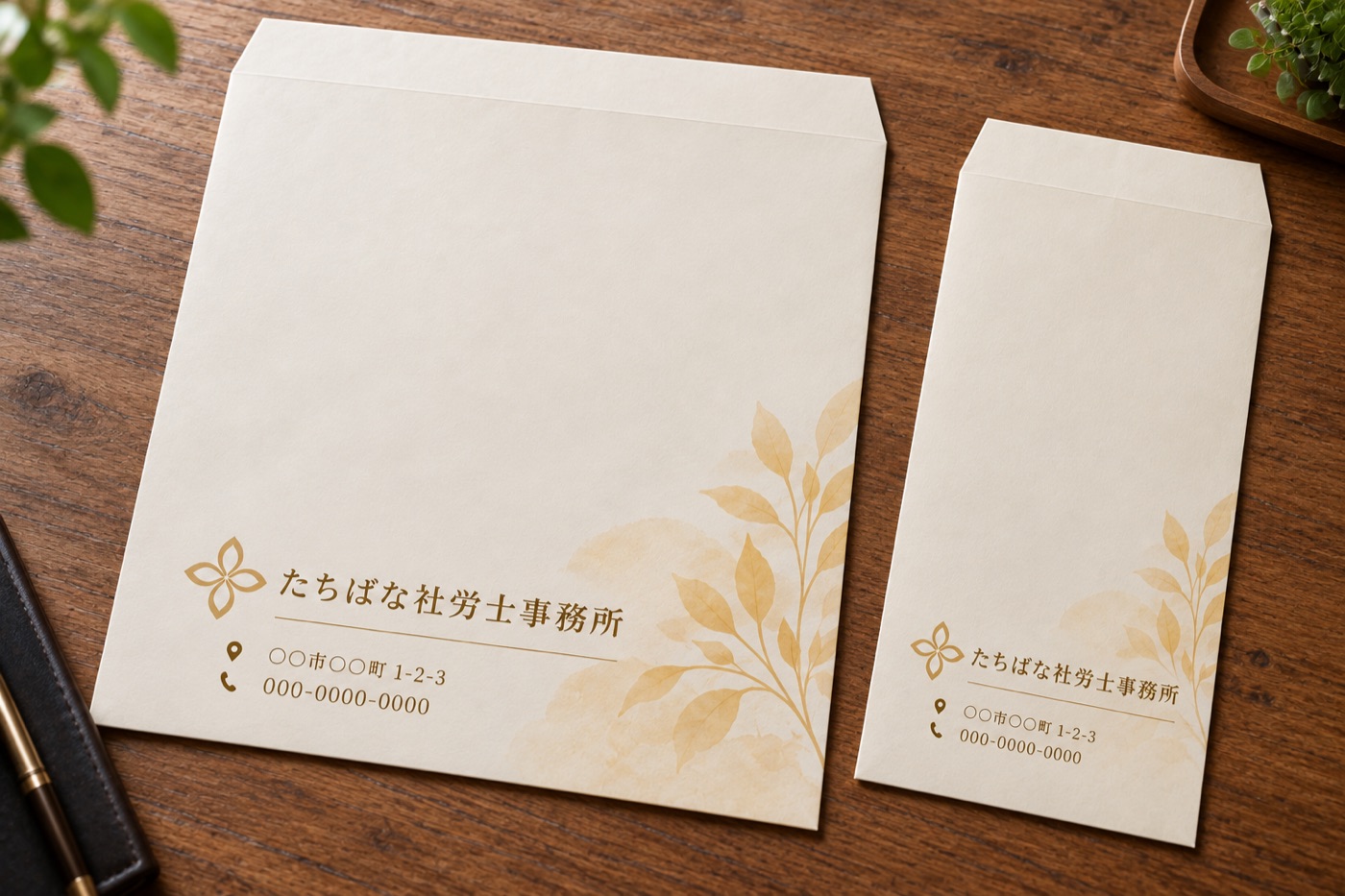 封筒（角2・長3）の制作例（架空の事務所：たちばな社労士事務所）