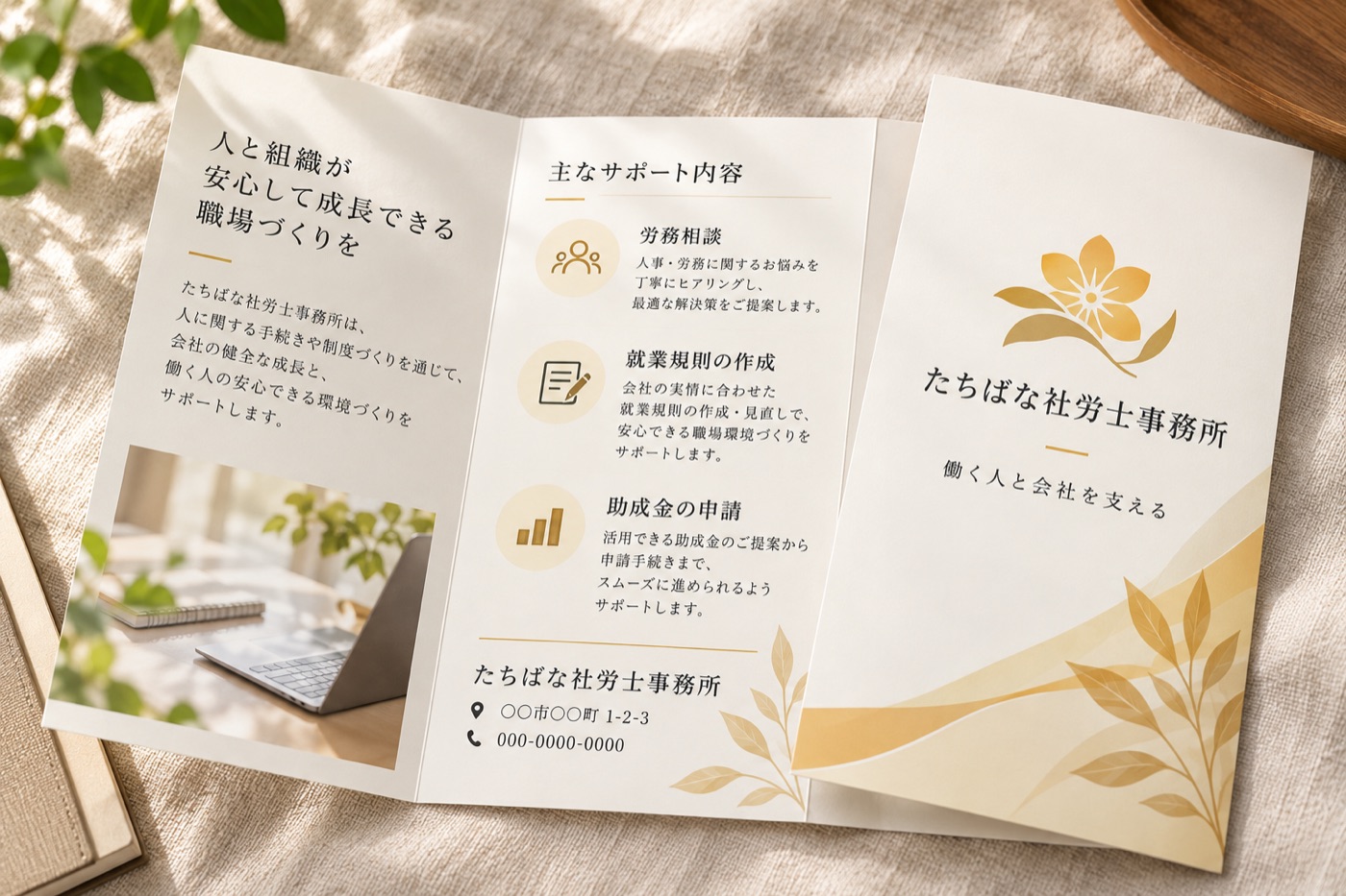 パンフレットの制作例（架空の事務所）：社会保険労務士　三つ折り